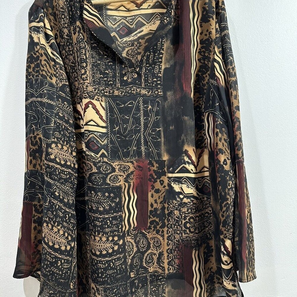 Studio C Women's Earthy Tones Tribal Print Sheer Bell Sleeve Tunic Sz 22/24